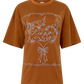 Brown t-shirt with light blue graphic design on a white background