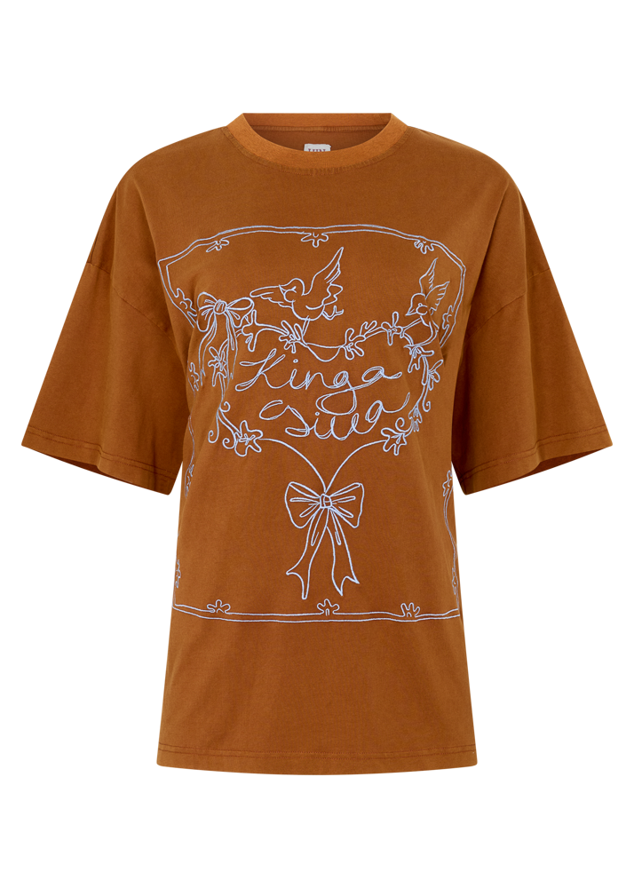 Brown t-shirt with light blue graphic design on a white background