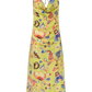 Colorful yellow dress with floral print on a white background