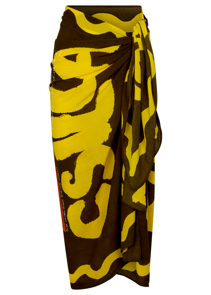 Brown and yellow patterned sarong on a white background