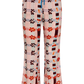 Pink patterned flare pants with a drawstring on a white background