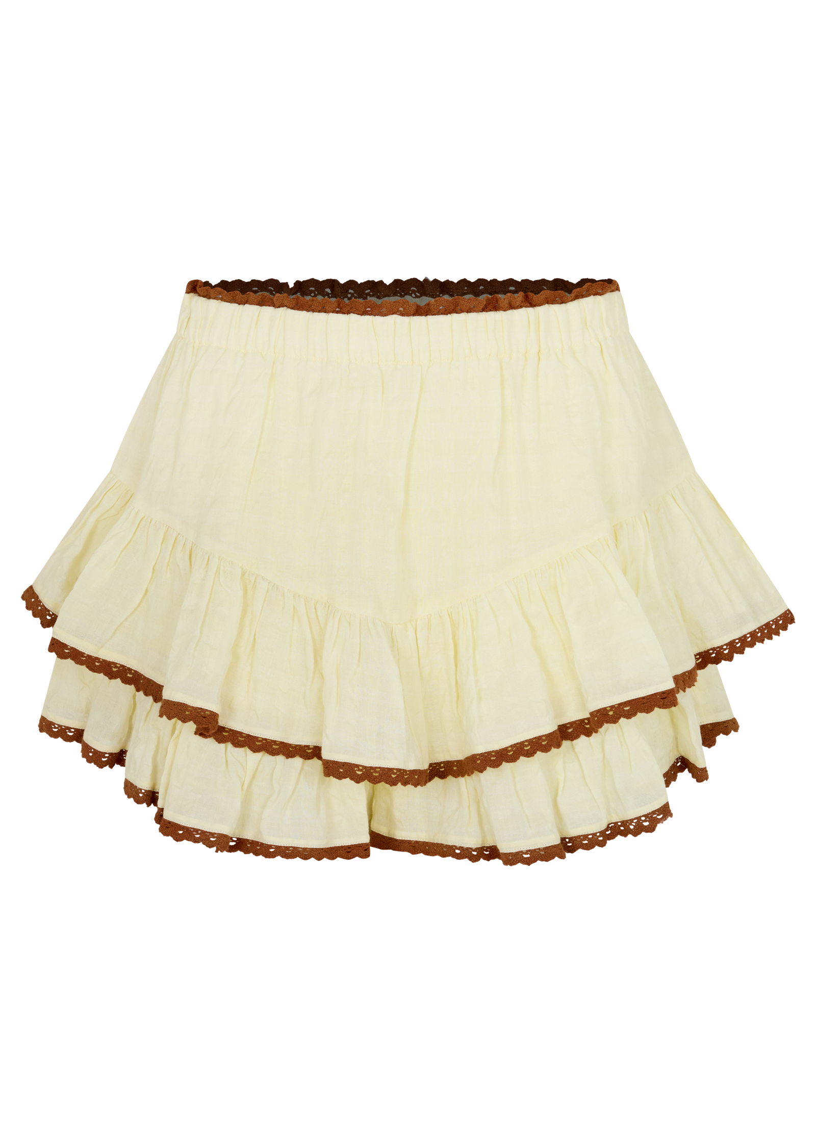 A cream yellow tiered mini skirt with brown lace hem details, displayed on a white background.