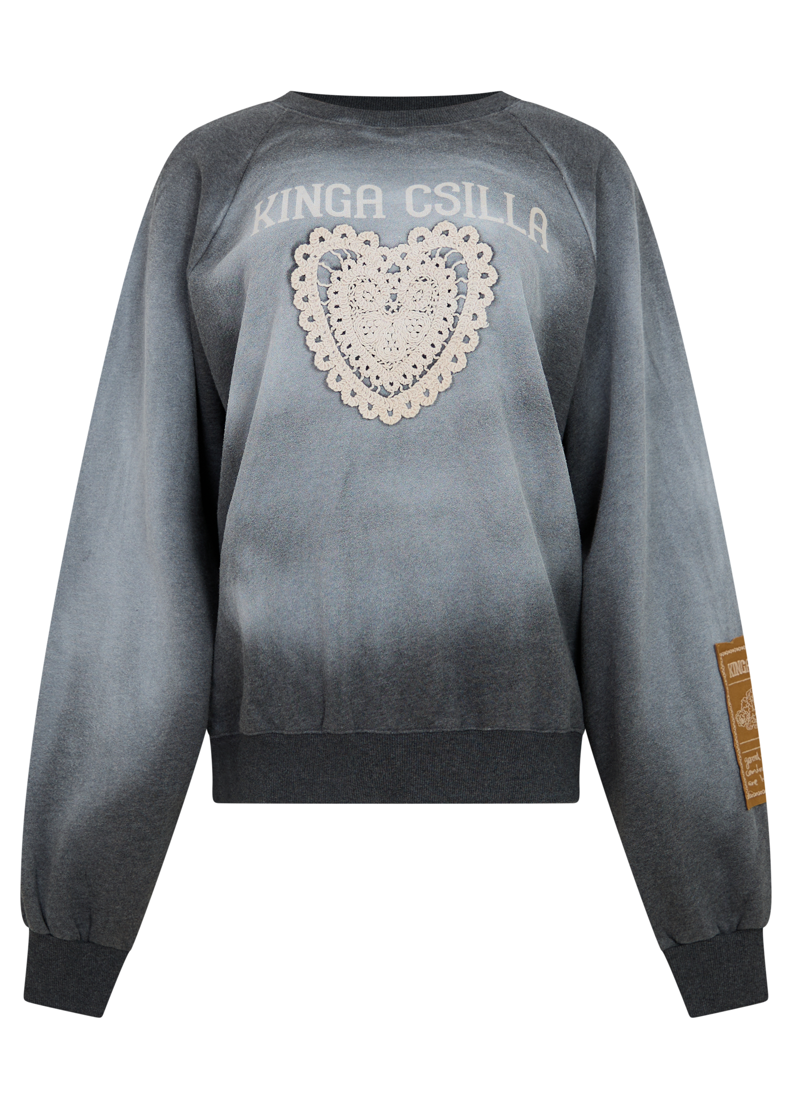 Gray sweatshirt with a heart design and text on a white background