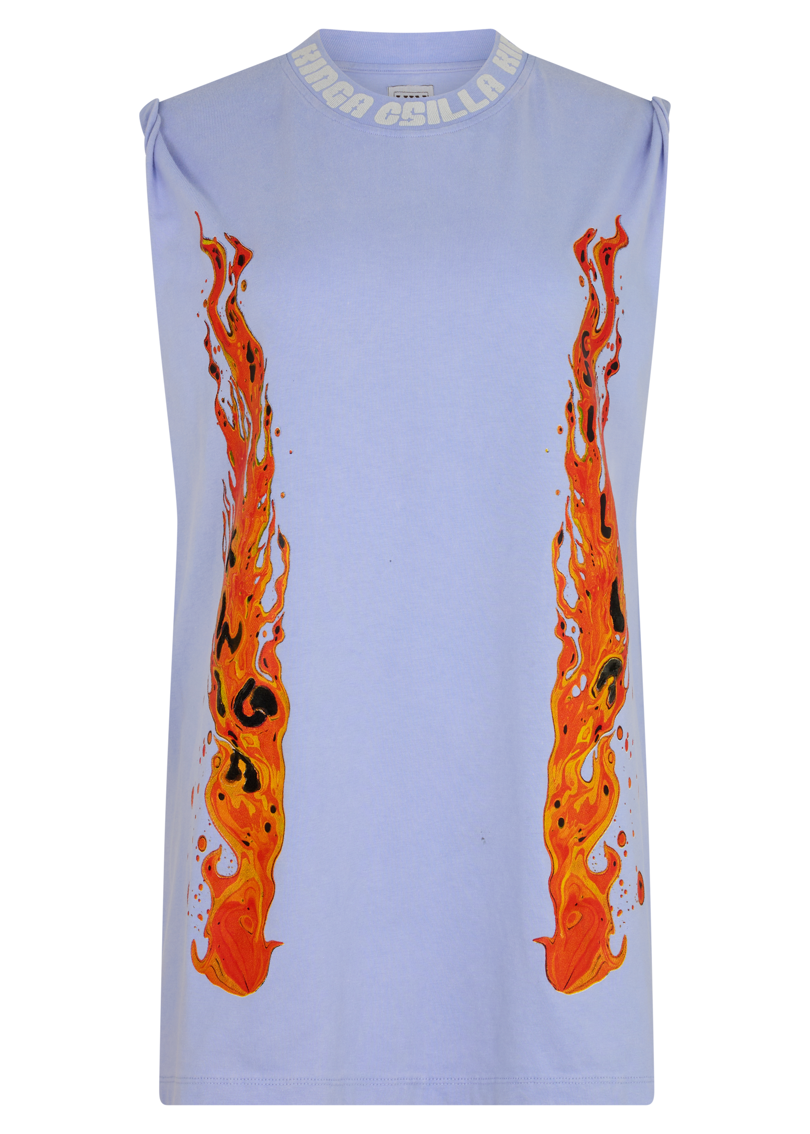A periwinkle oversized tank top with orange flame details and white 'KINGA CSILLA' text on the neckline, displayed on a plain white background.