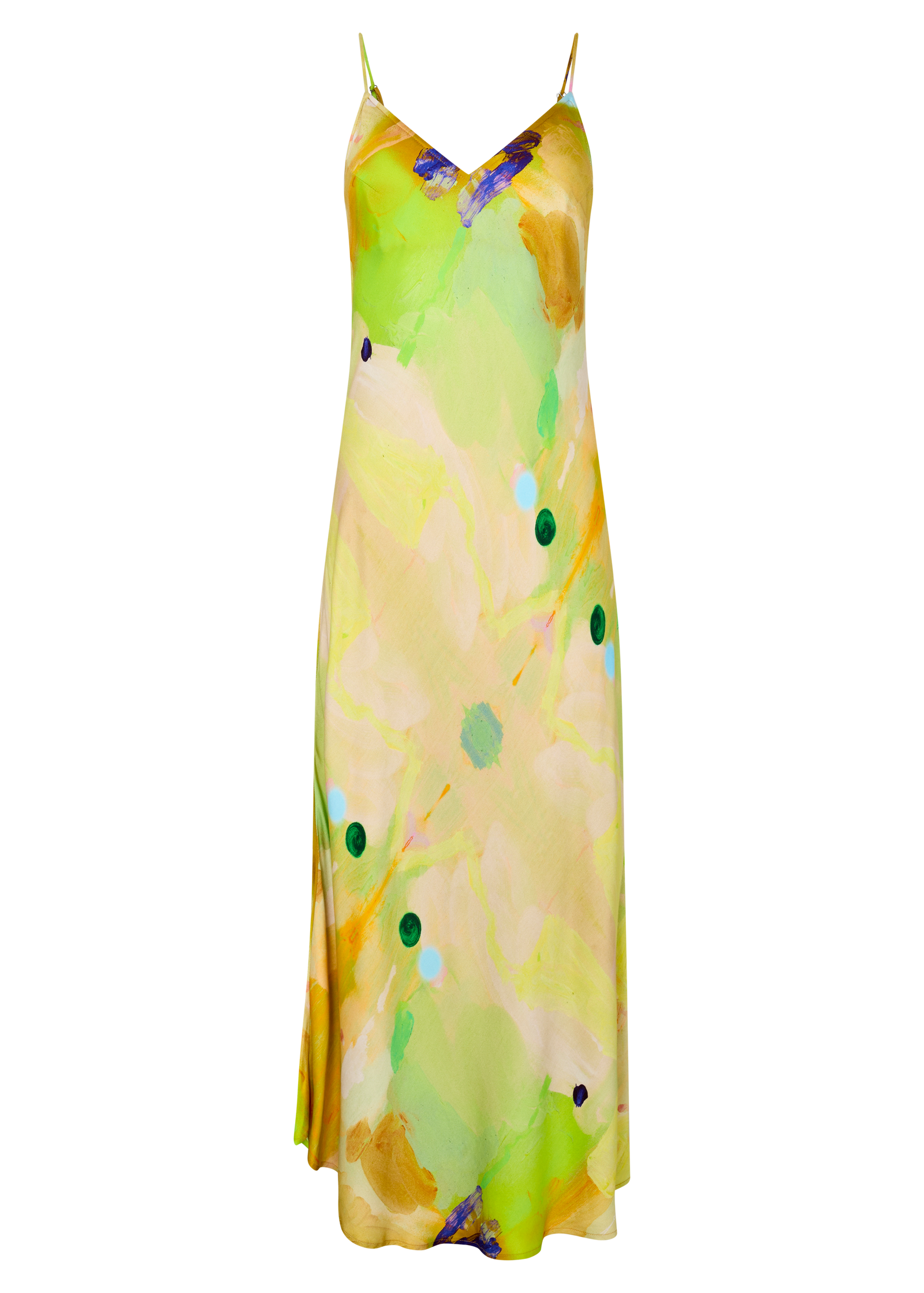 Colorful slip dress with abstract pattern on a white background