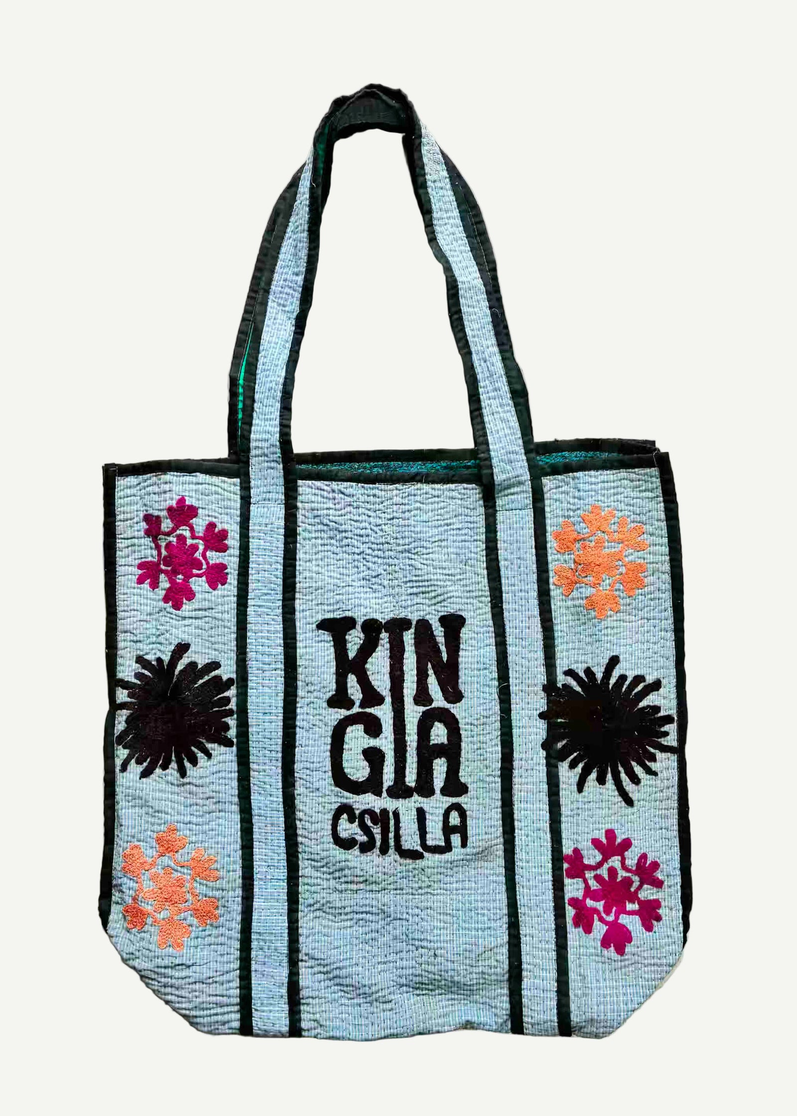 KINGA CSILLA KC SOURCED INDIAN KANTHA TOTE BAG with embroided branding and floral details. Light blue.