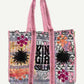 KINGA CSILLA KC SOURCED INDIAN KANTHA TOTE BAG with embroided branding and floral details. Light pink/red multi.