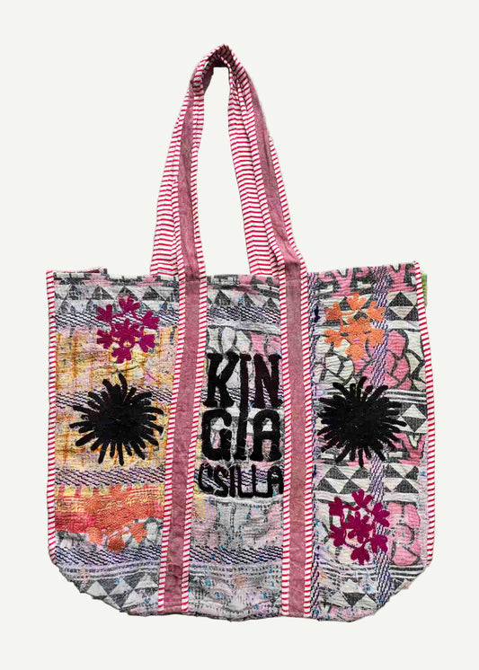KINGA CSILLA KC SOURCED INDIAN KANTHA TOTE BAG with embroided branding and floral details. Light pink/red multi.