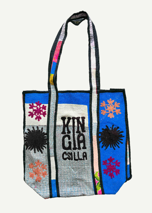 KINGA CSILLA KC SOURCED INDIAN KANTHA TOTE BAG with embroided branding and floral details. Blue.