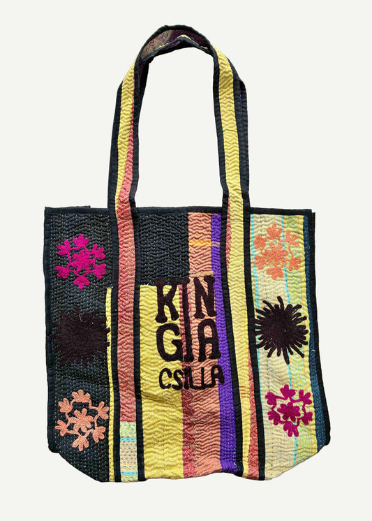 KINGA CSILLA KC SOURCED INDIAN KANTHA TOTE BAG with embroided branding and floral details. Yellow multi.