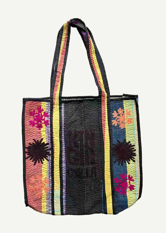 KINGA CSILLA KC SOURCED INDIAN KANTHA TOTE BAG with embroided branding and floral details. Black multi.
