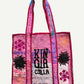 KINGA CSILLA KC SOURCED INDIAN KANTHA TOTE BAG with embroided branding and floral details. Pink. 