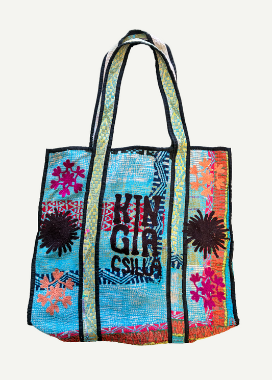 KINGA CSILLA KC SOURCED INDIAN KANTHA TOTE BAG with embroided branding and floral details. Blue.