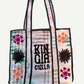 KINGA CSILLA KC SOURCED INDIAN KANTHA TOTE BAG with embroided branding and floral details. Green pink multi.