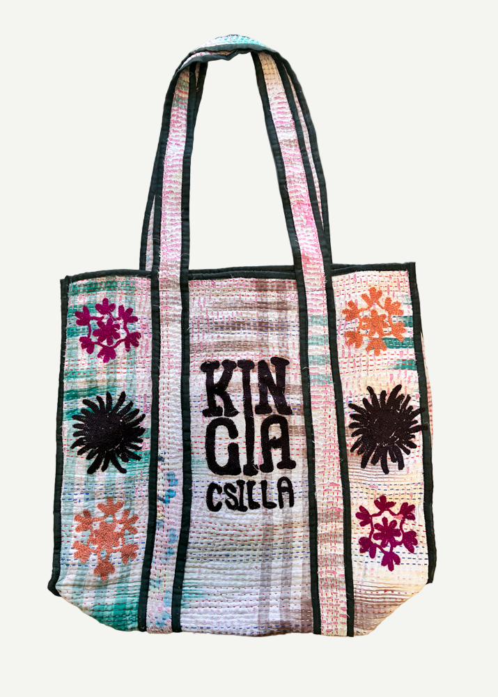KINGA CSILLA KC SOURCED INDIAN KANTHA TOTE BAG with embroided branding and floral details. Green pink multi.