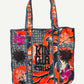 KINGA CSILLA KC SOURCED INDIAN KANTHA TOTE BAG with embroided branding and floral details. Orange and pink.