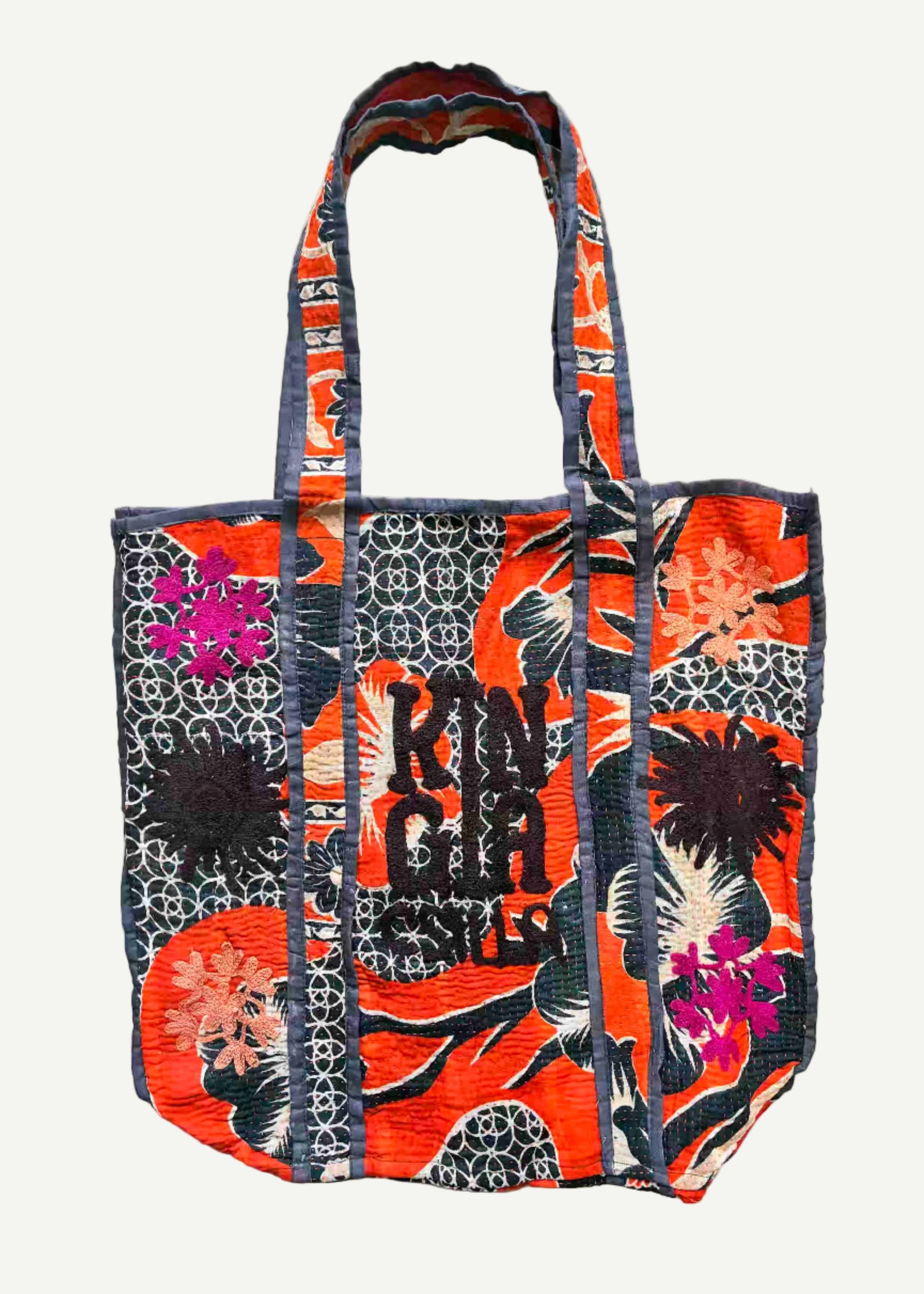 KINGA CSILLA KC SOURCED INDIAN KANTHA TOTE BAG with embroided branding and floral details. Orange and pink.