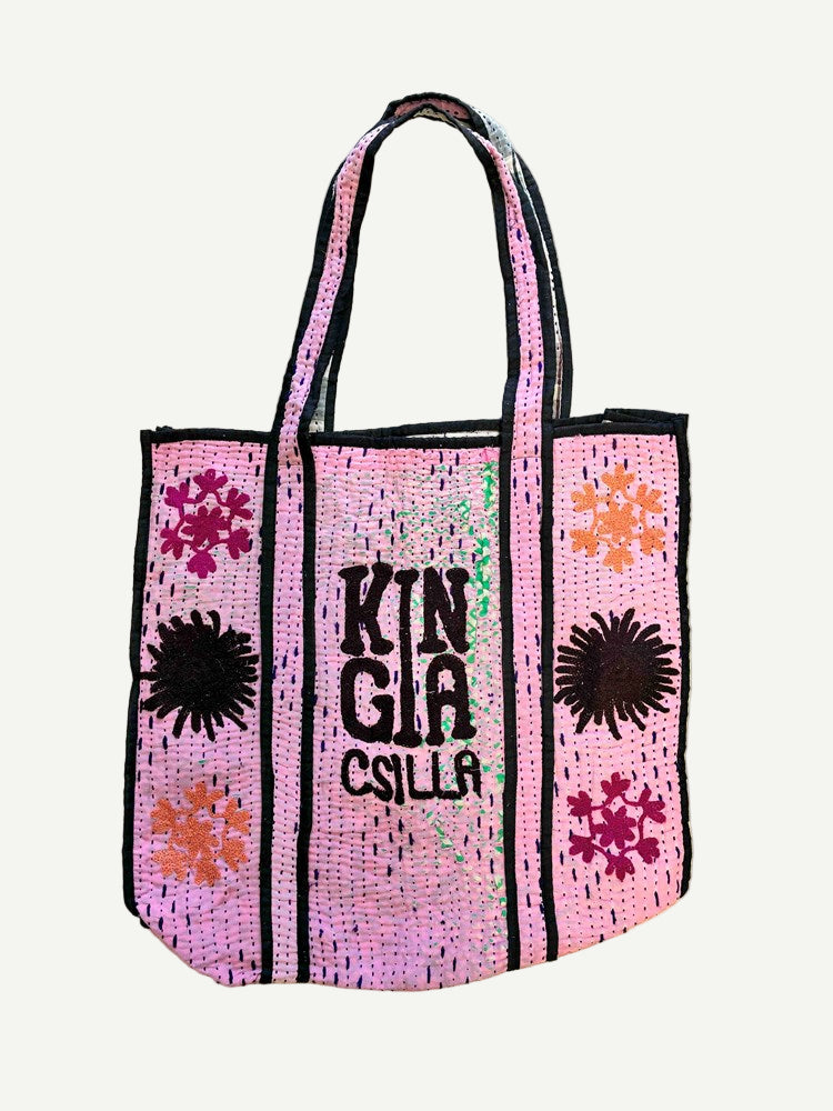  KINGA CSILLA KC SOURCED INDIAN KANTHA TOTE BAG with embroided branding and floral details. Pink.