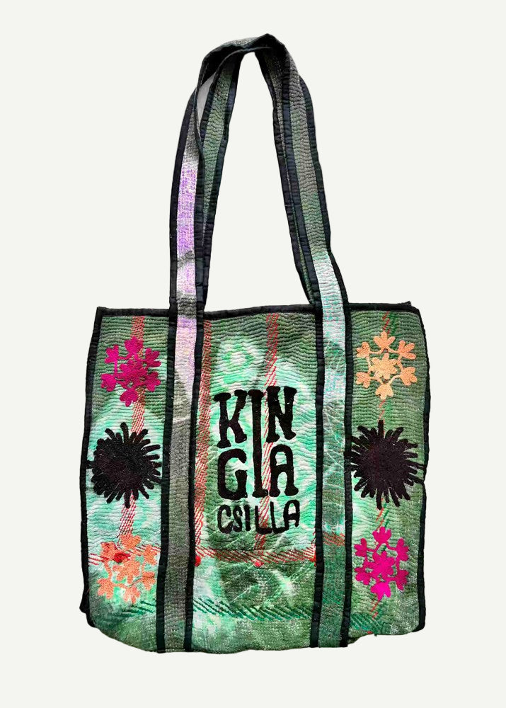 KINGA CSILLA KC SOURCED INDIAN KANTHA TOTE BAG with embroided branding and floral details. Green.