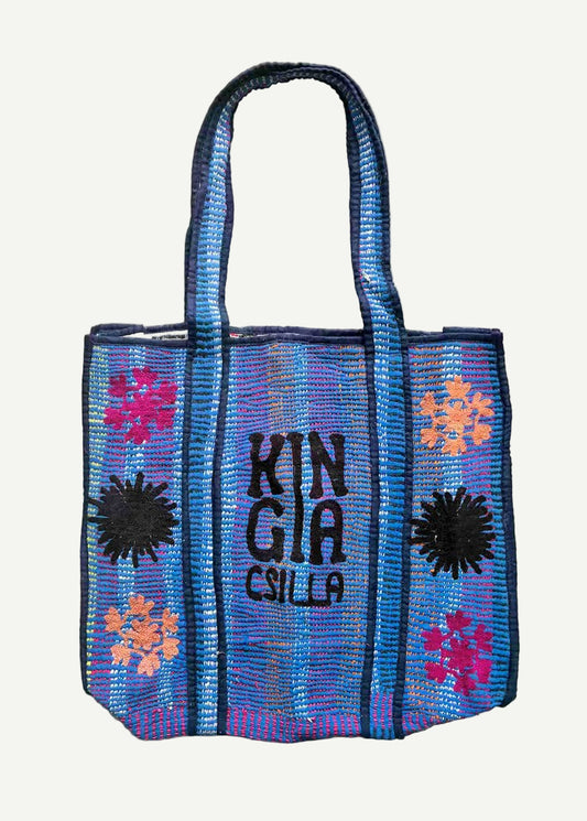 KINGA CSILLA KC SOURCED INDIAN KANTHA TOTE BAG with embroided branding and floral details. Blue.