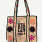KINGA CSILLA KC SOURCED INDIAN KANTHA TOTE BAG with embroided branding and floral details. Tan.