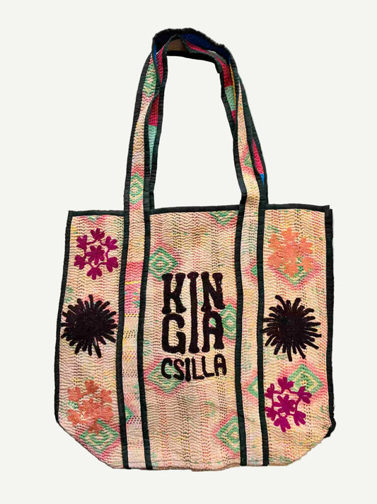 KINGA CSILLA KC SOURCED INDIAN KANTHA TOTE BAG with embroided branding and floral details. Tan.