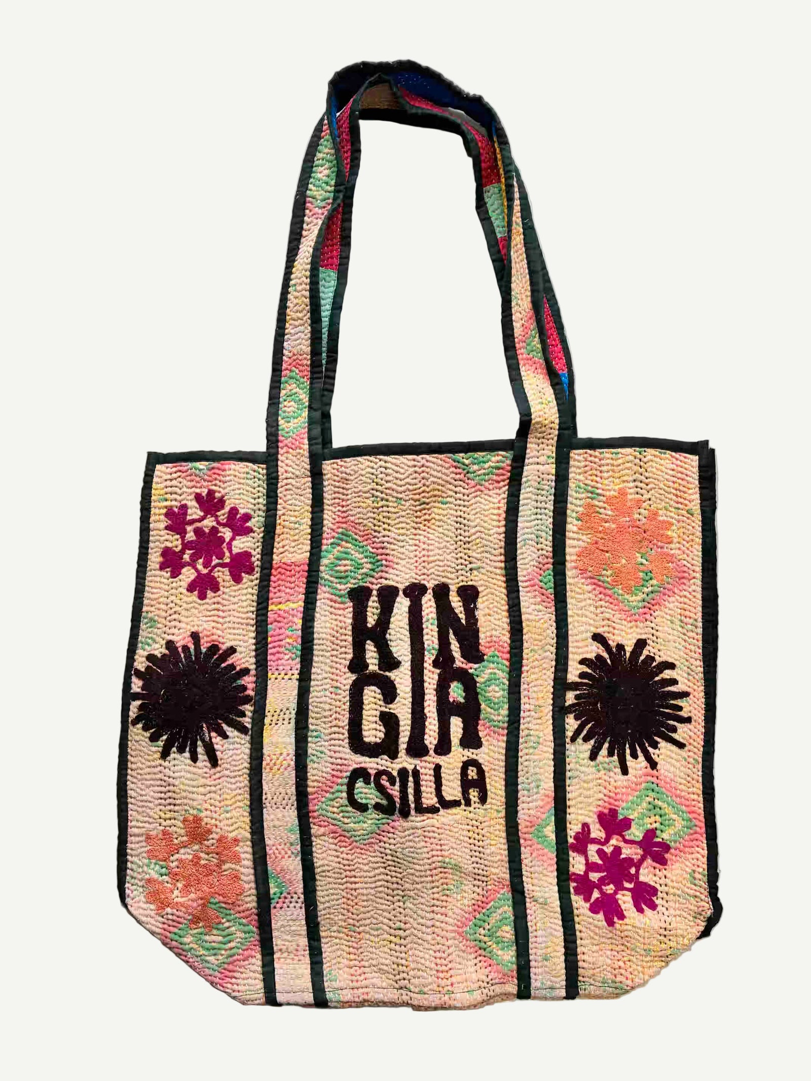 KINGA CSILLA KC SOURCED INDIAN KANTHA TOTE BAG with embroided branding and floral details. Tan.