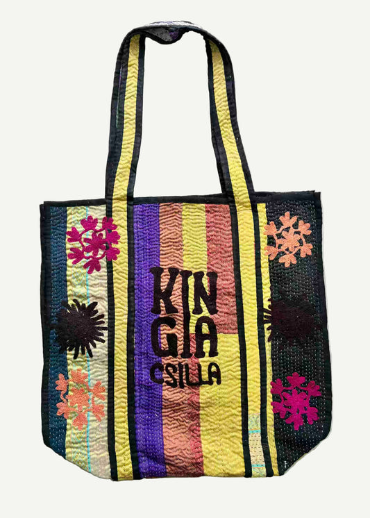 KINGA CSILLA KC SOURCED INDIAN KANTHA TOTE BAG with embroided branding and floral details. Yello multi.