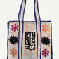 KINGA CSILLA KC SOURCED INDIAN KANTHA TOTE BAG with embroided branding and floral details. Pastel hues.
