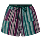 Striped shorts with a mix of green, purple, and white on a white background