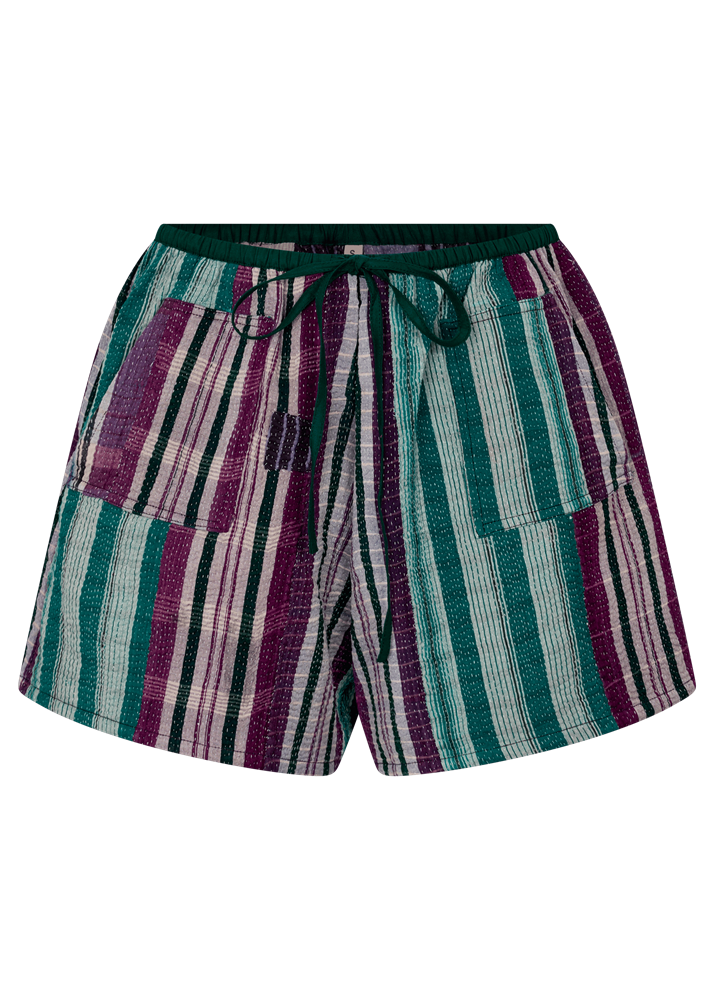 Striped shorts with a mix of green, purple, and white on a white background