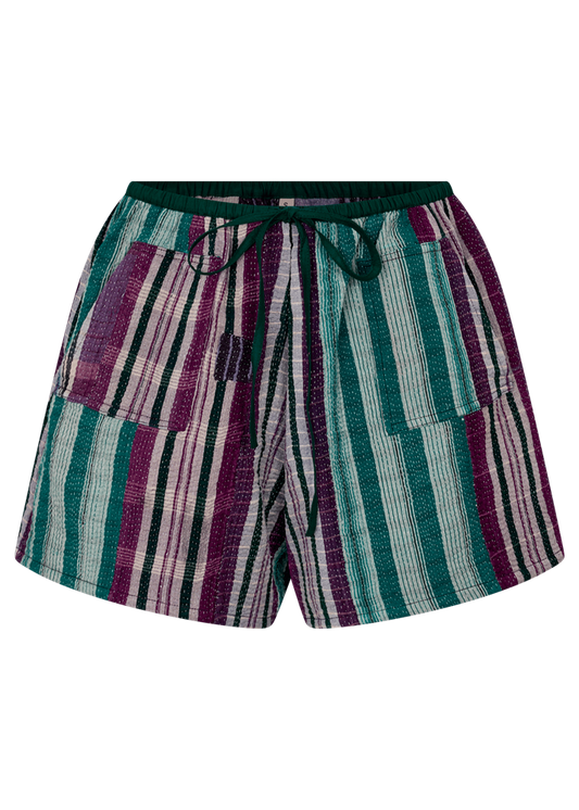 Striped shorts with a mix of green, purple, and white on a white background