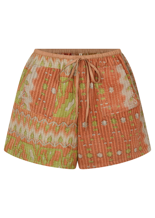 Patterned shorts with drawstring on a white background