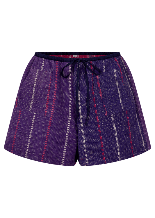 Purple shorts with red and white stripes on a white background