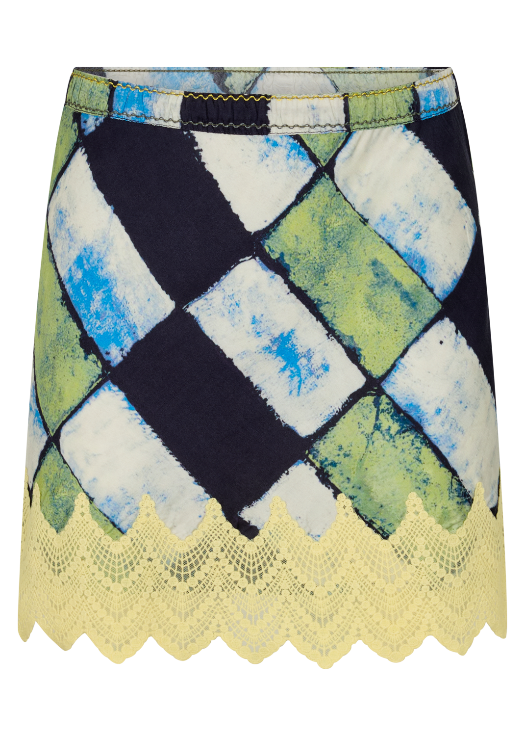 Skirt with a checkered pattern and lace trim on a white background
