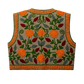A sleeveless embroidered vest or waistcoat shown from the back, featuring a beige linen-like base with vibrant orange flowers, green and red leaves, and green swirling vine details, finished with an orange and green patterned border.