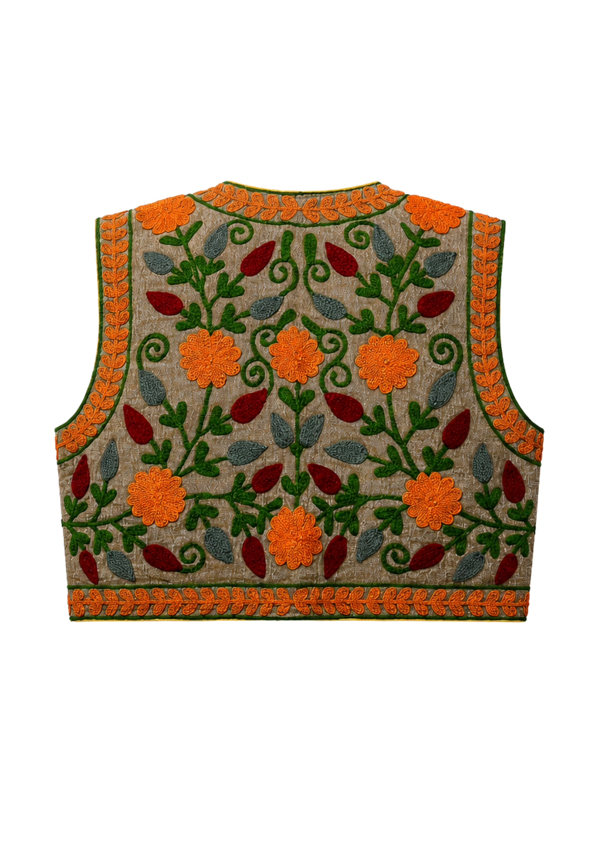 A sleeveless embroidered vest or waistcoat shown from the back, featuring a beige linen-like base with vibrant orange flowers, green and red leaves, and green swirling vine details, finished with an orange and green patterned border.