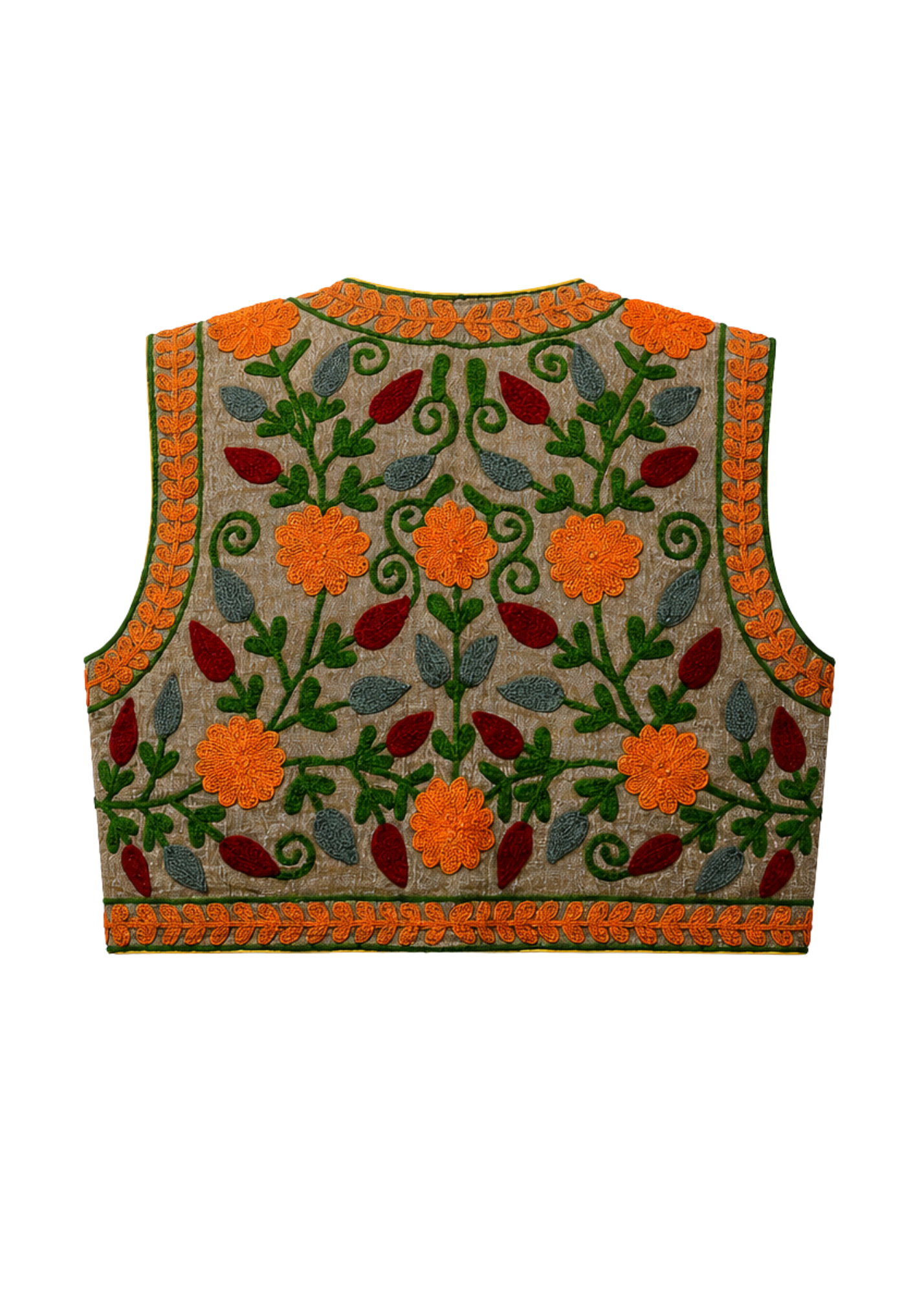 A sleeveless embroidered vest or waistcoat shown from the back, featuring a beige linen-like base with vibrant orange flowers, green and red leaves, and green swirling vine details, finished with an orange and green patterned border.