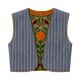 A sleeveless reversible vest with grey-blue and white vertical stripes, featuring a vibrant, multicolored embroidered lining with orange, green, and red floral patterns.
