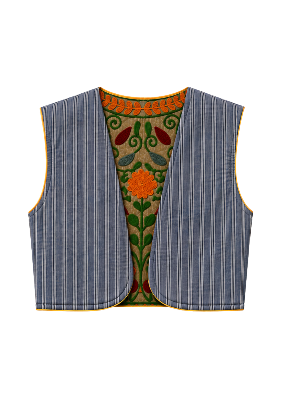 A sleeveless reversible vest with grey-blue and white vertical stripes, featuring a vibrant, multicolored embroidered lining with orange, green, and red floral patterns.