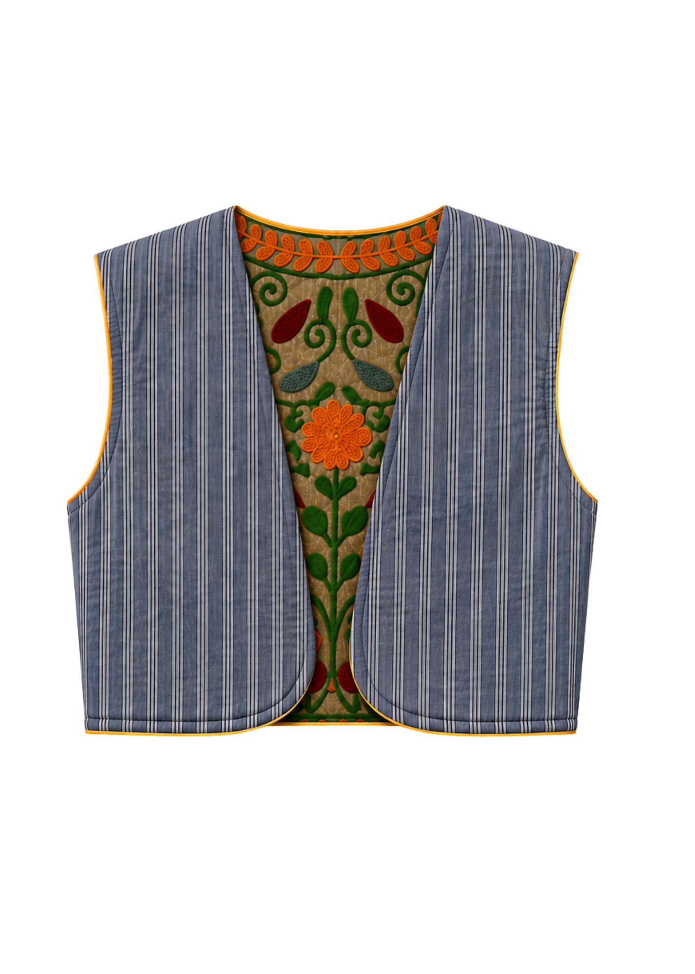 A sleeveless reversible vest with grey-blue and white vertical stripes, featuring a vibrant, multicolored embroidered lining with orange, green, and red floral patterns.