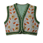 A sleeveless reversible embroidered vest with a white base, featuring green leaf patterns, orange and yellow floral motifs, and a green and white striped inner lining.