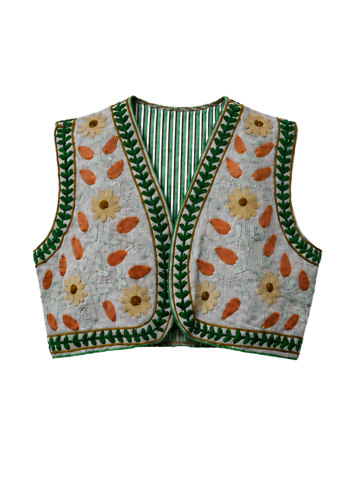 A sleeveless reversible embroidered vest with a white base, featuring green leaf patterns, orange and yellow floral motifs, and a green and white striped inner lining.
