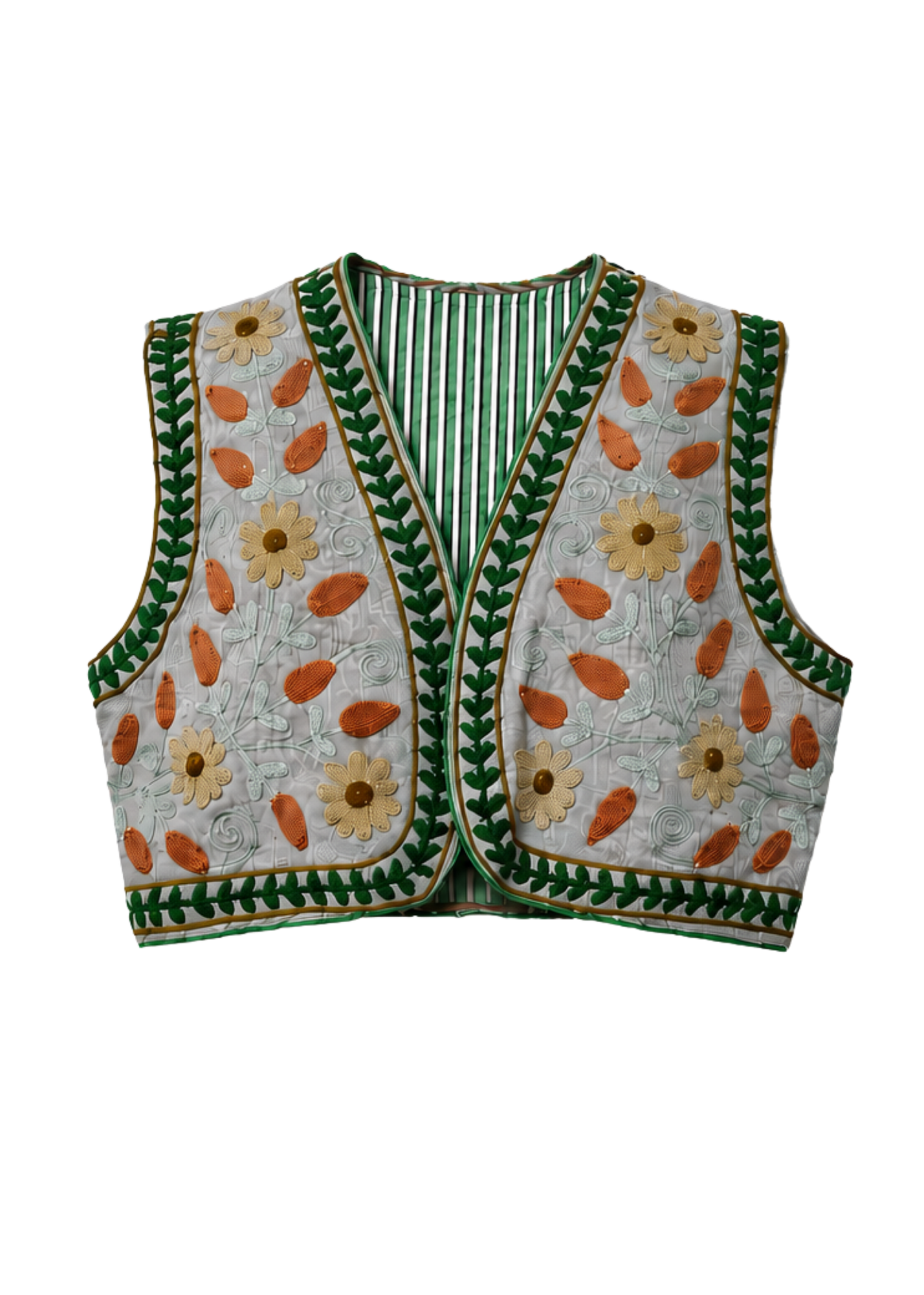 A sleeveless reversible embroidered vest with a white base, featuring green leaf patterns, orange and yellow floral motifs, and a green and white striped inner lining.