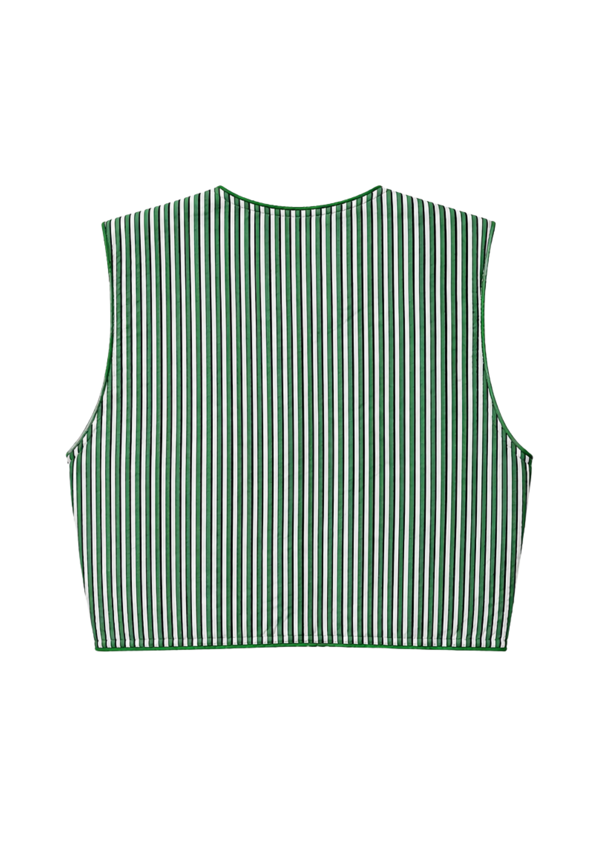 A sleeveless reversible vest with a vertical green and white stripe pattern, shown from the back flat against a solid white background.