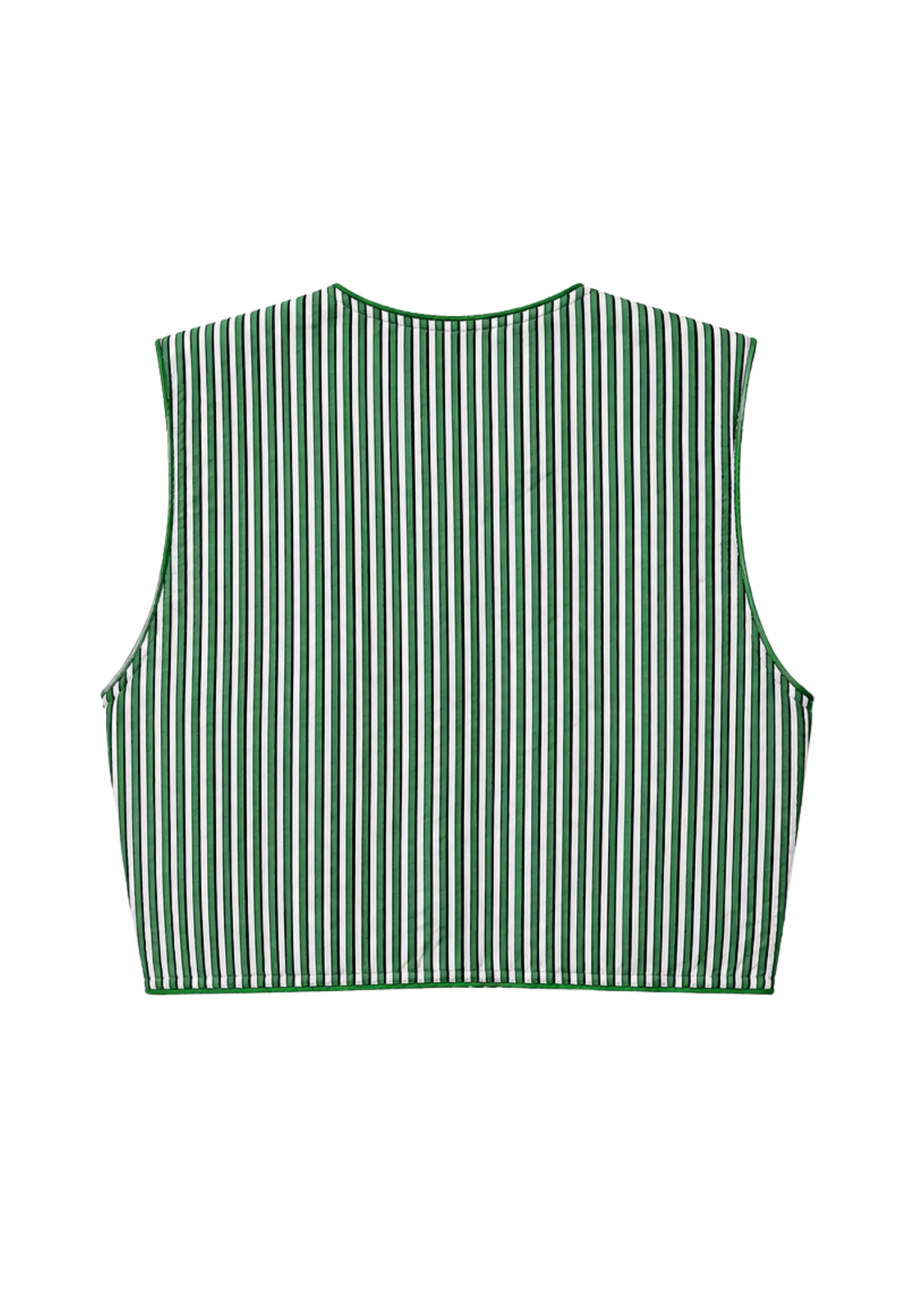 A sleeveless reversible vest with a vertical green and white stripe pattern, shown from the back flat against a solid white background.