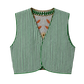 A sleeveless green and white vertically striped reversible vest with a V-neckline, featuring a patterned lining with orange and gray details, shown against a plain white background.