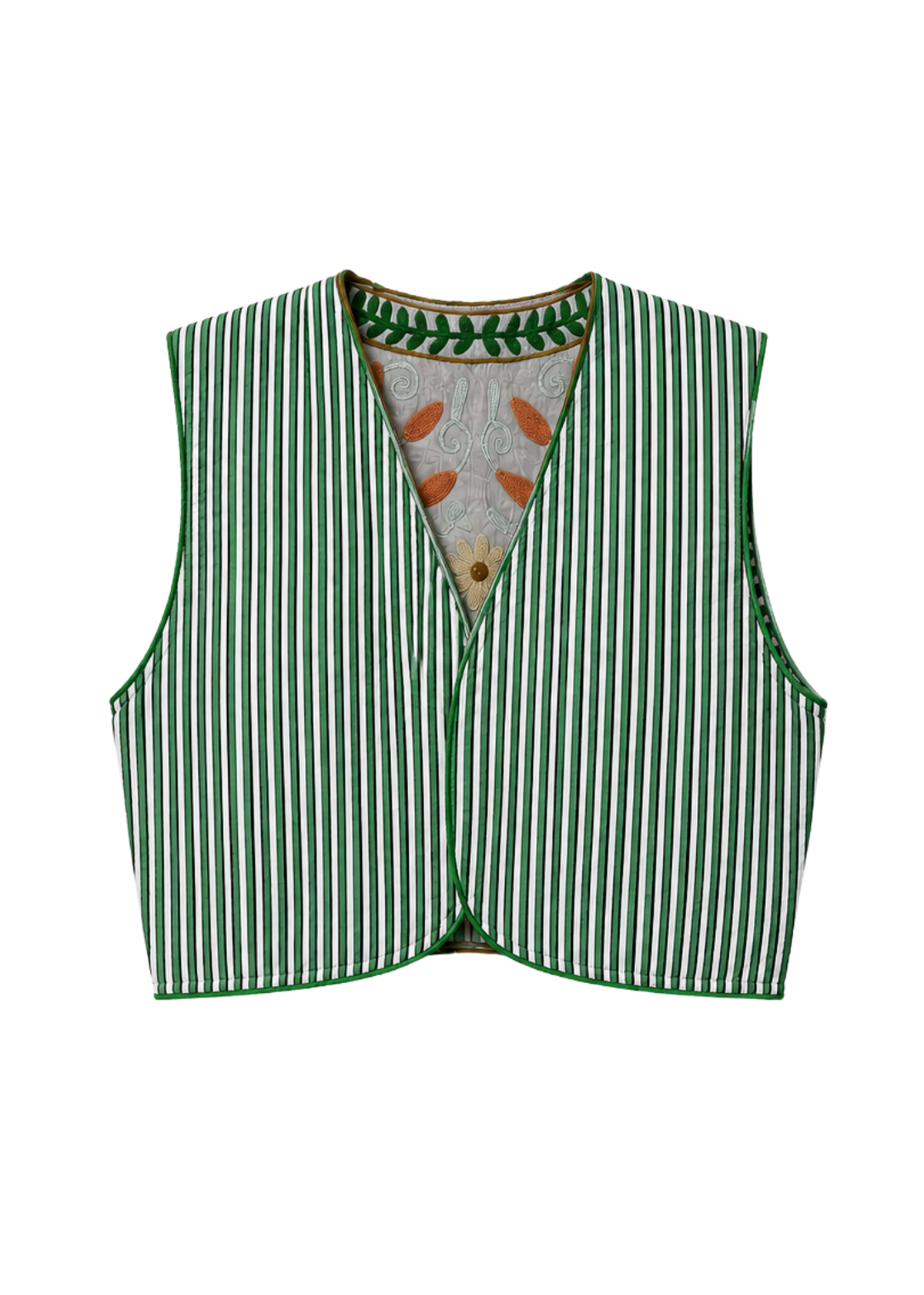 A sleeveless green and white vertically striped reversible vest with a V-neckline, featuring a patterned lining with orange and gray details, shown against a plain white background.