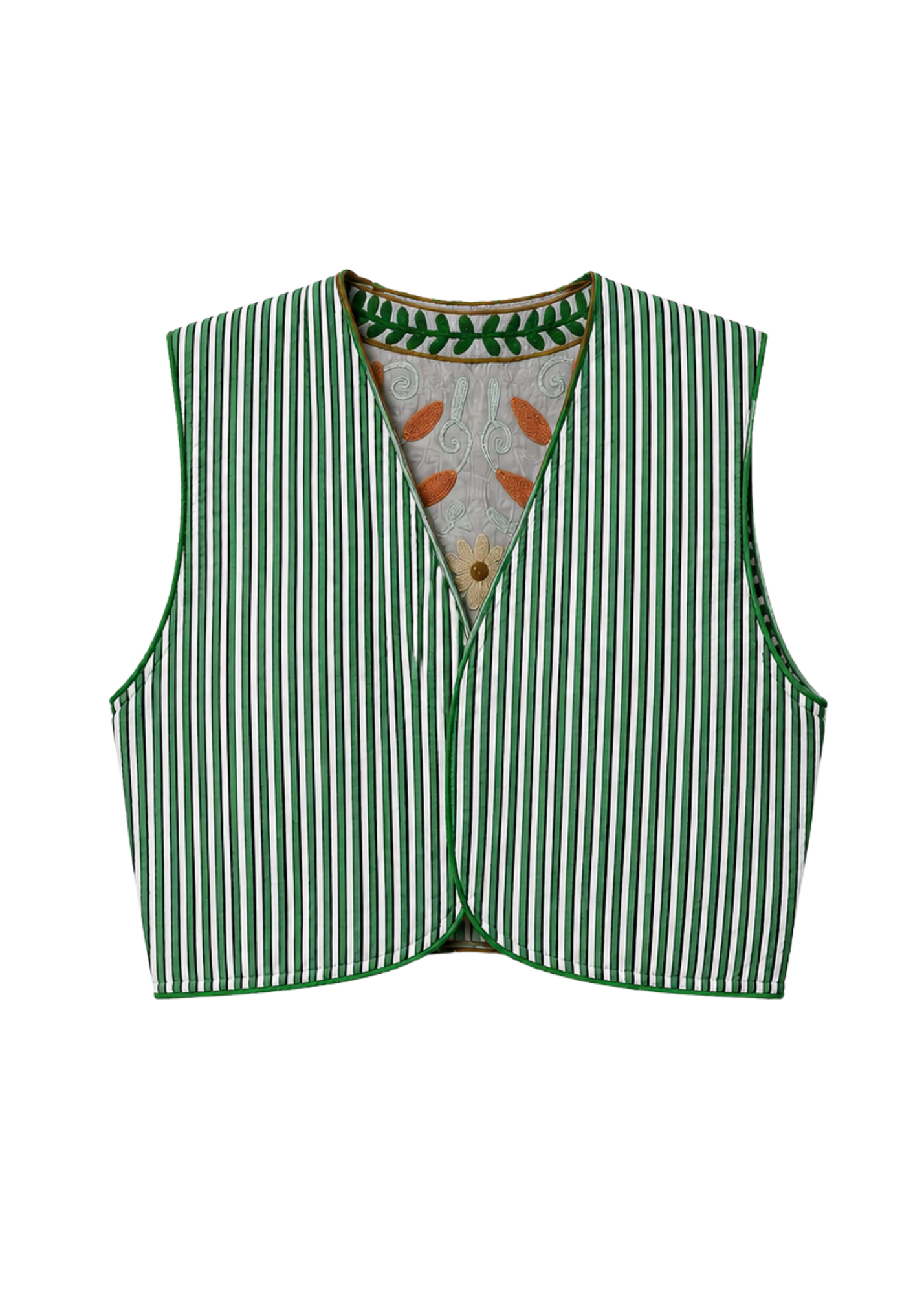 A sleeveless green and white vertically striped reversible vest with a V-neckline, featuring a patterned lining with orange and gray details, shown against a plain white background.