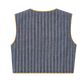 A sleeveless cropped reversible vest with vertical grey-blue and white pinstripes and yellow-orange contrast piping, shown from the back on a white background.